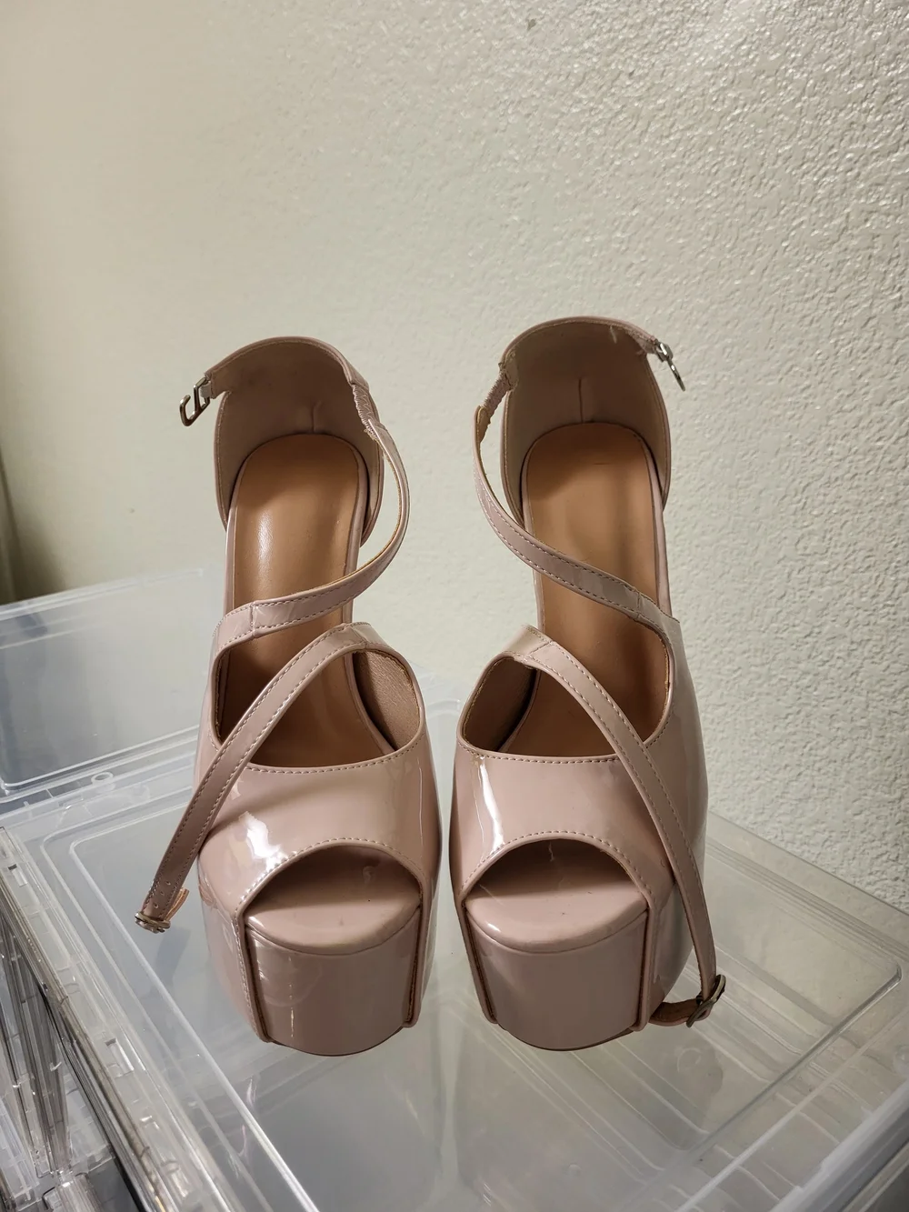 Nude Patent Platform Peep-Toe High Heels with Ankle Strap